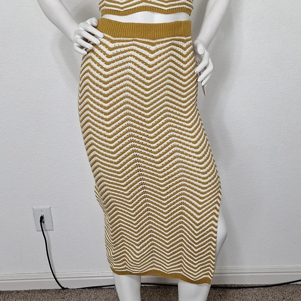 Willow & Wind "NEW" 70's Tan White Bohemian Knit Midi Hippie Skirt & Top Set *M - Picture 3 of 9